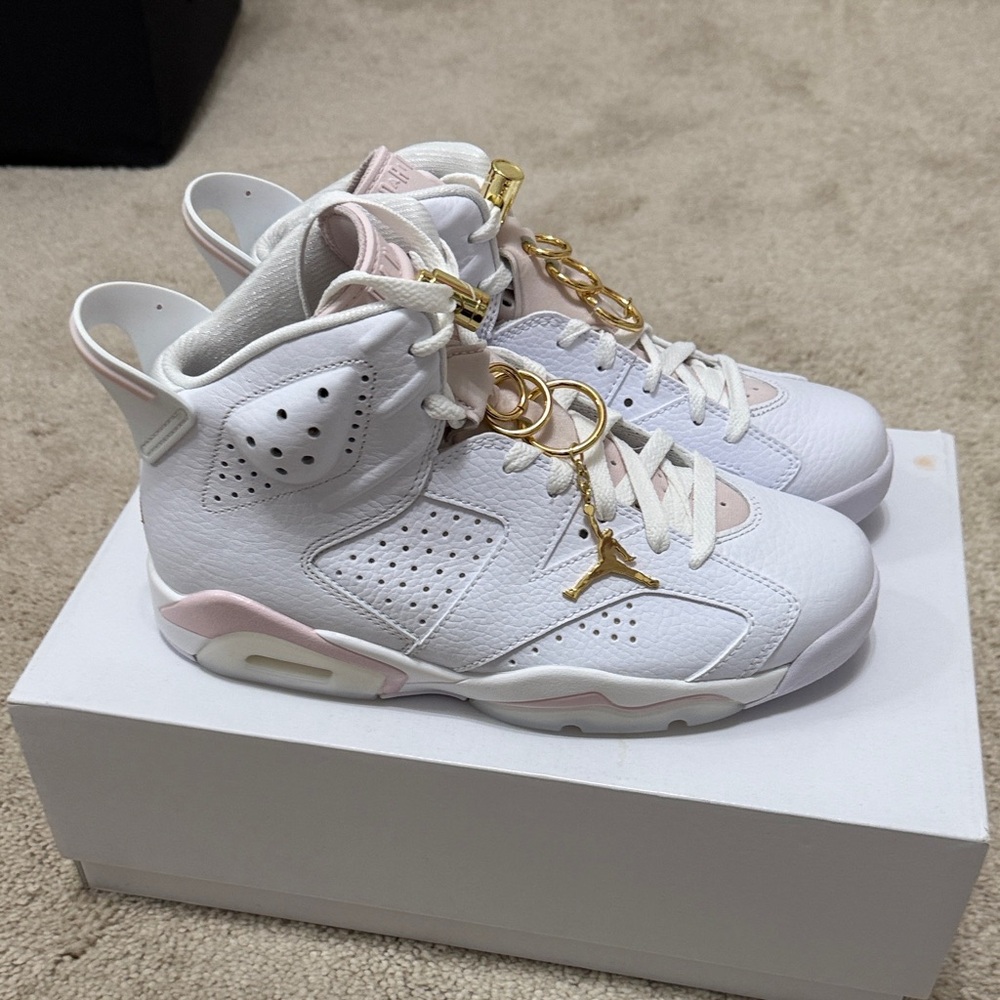 Jordan 6 Retro White and Light Pink High-Top Sneakers with Gold Accents